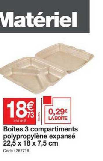 boîtes 3 compartiments polypropylène expansé 22,5 x 18 x 7,5 cm