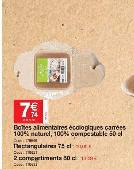 boîtes alimentaires écologiques carrées 100% naturel, 100% compostable 50 cl
