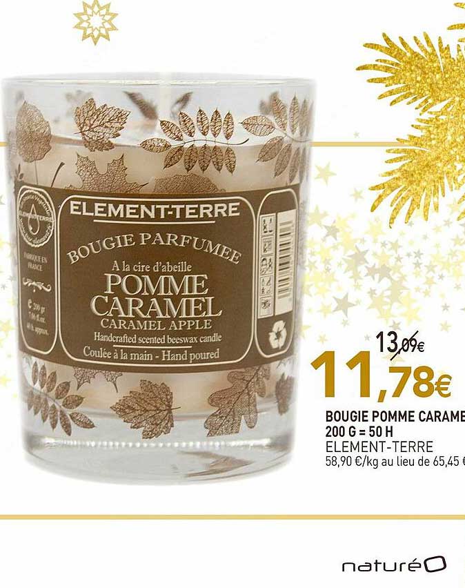 bougie pomme carame 200 g = 50 h élément-terre