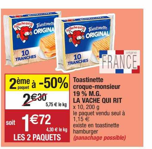 toastinette croque-monsieur 19% m.g. la vache qui rit