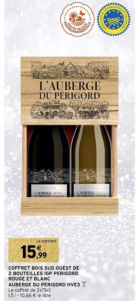 coffret bois sud ouest de 2 bouteilles igp périgord rouge et blanc auberge du périgord hve3