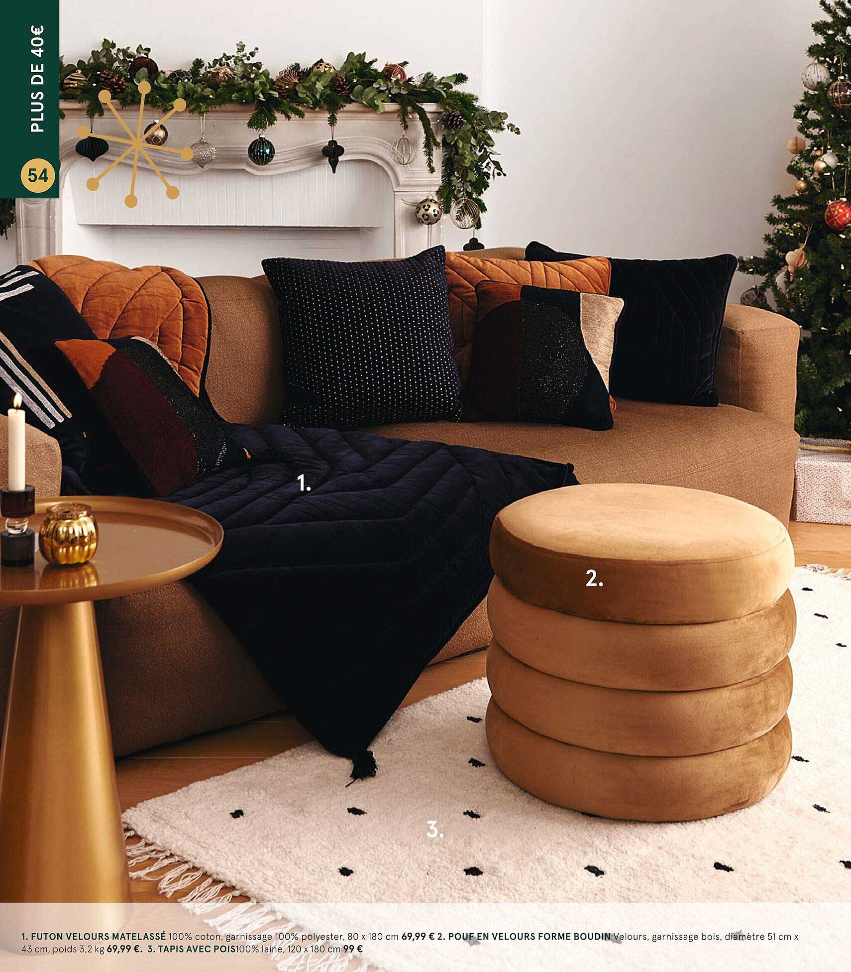 Futon Velours Matelassé, Pouf En Velours Forme Boudin, Tapis Avec Pois