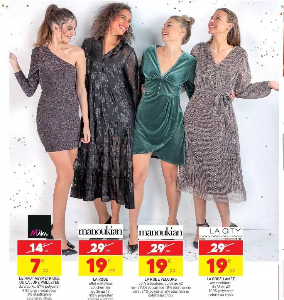 le haut asymétrique ou la jupe pailletée mim, la robe manoukian, la robe velours manoukian, la robe lamée la city