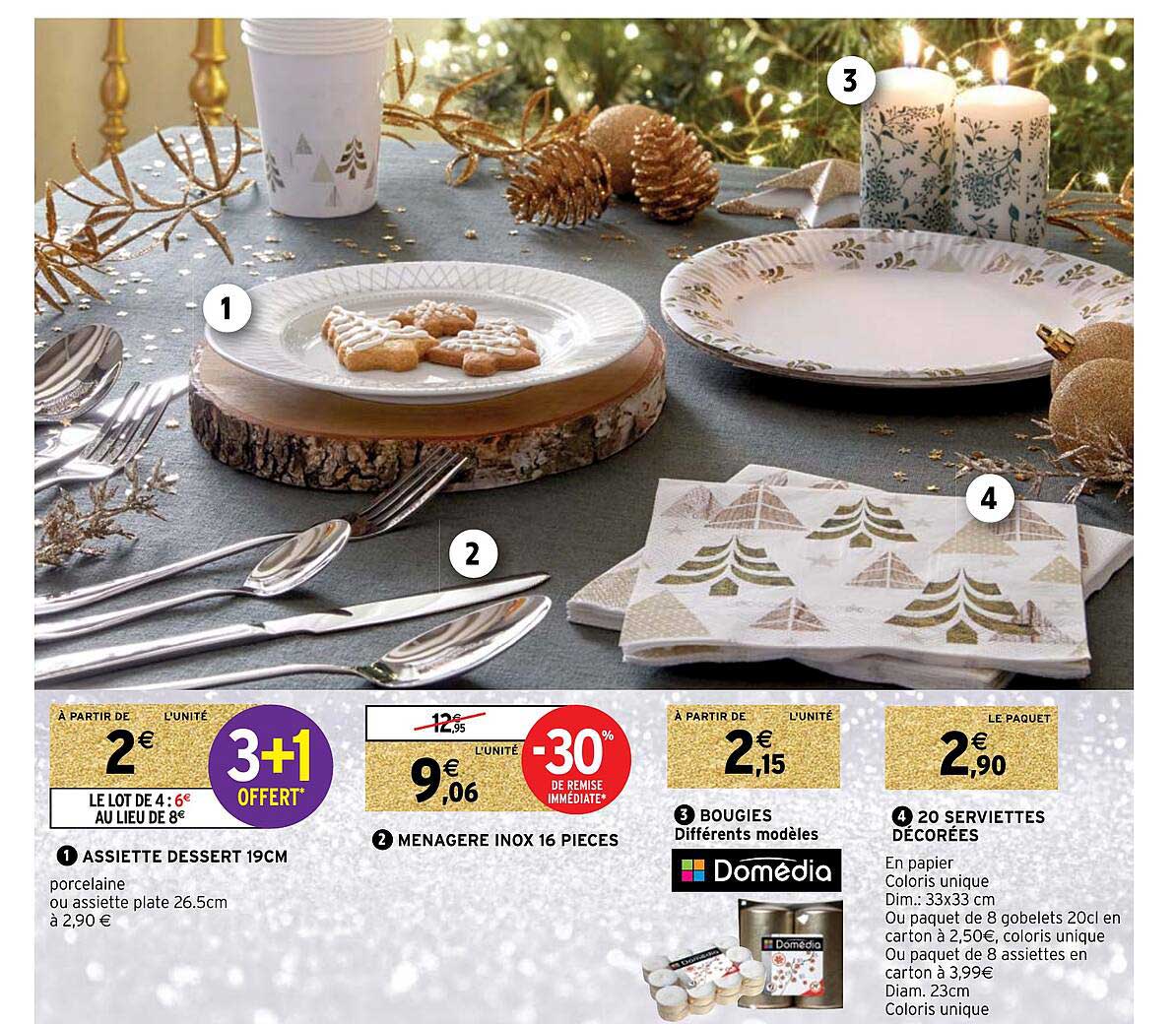 Assiette Dessert 19 Cm, Ménagère Inox 16 Pièces, Bougies, 20 Serviettes Décorées