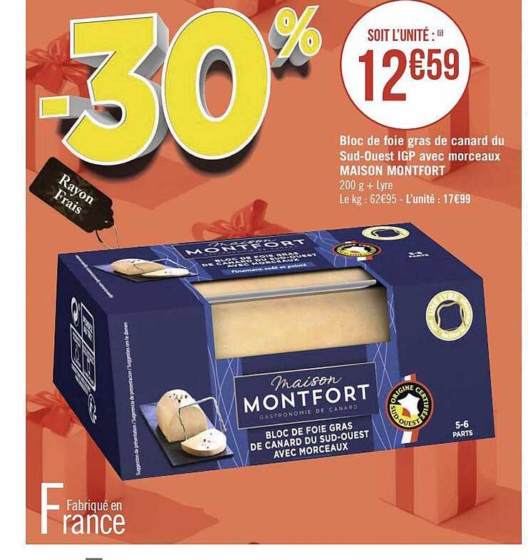 bloc de foie gras de canard du sud-ouest igp avec morceaux maison montfort