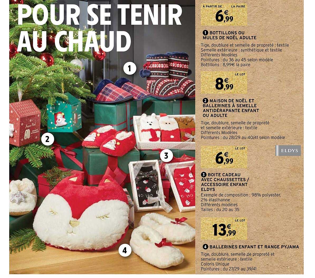 bottillons ou mules de noël adulte, maison de noël et ballerines à semelle antidérapante enfant ou adulte, boîte cadeau avec chaussettes-accessoire enfant eldys, ballerines enfant et range pyjama