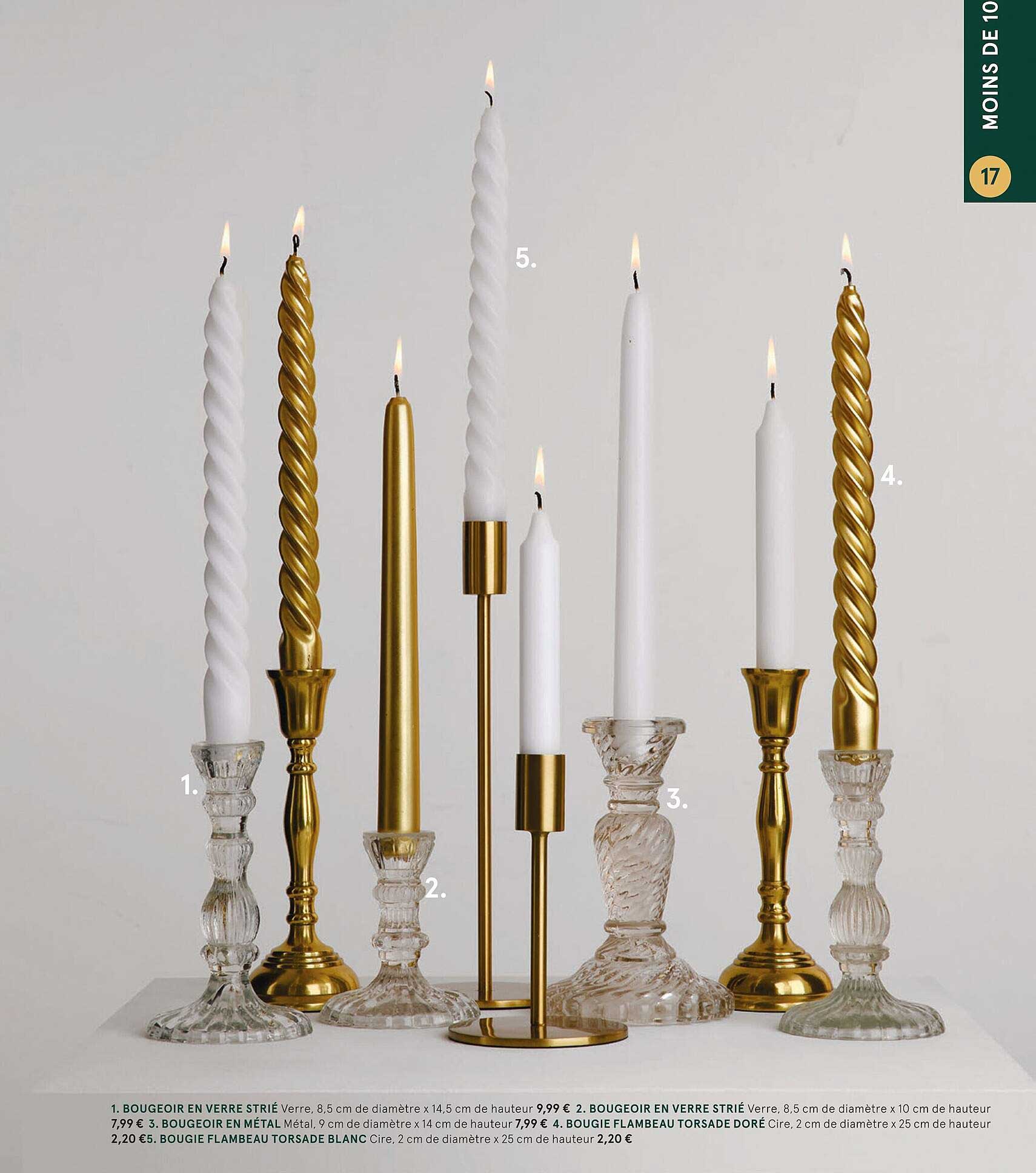 bougeoire en verre strié, bougeoir en métal, bougie flambeau torsade doré, bougie flambeau torsade blanc