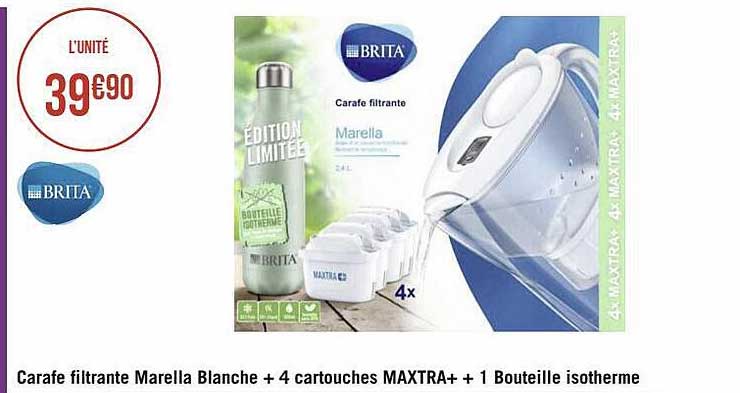 Carafe Filtrante Marella Blanche + 4 Cartouches Maxtra+ + 1 Bouteille Isotherme Brita