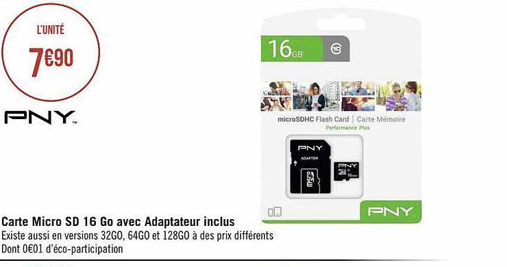 carte micro sd 16 go avec adaptateur inclus pny