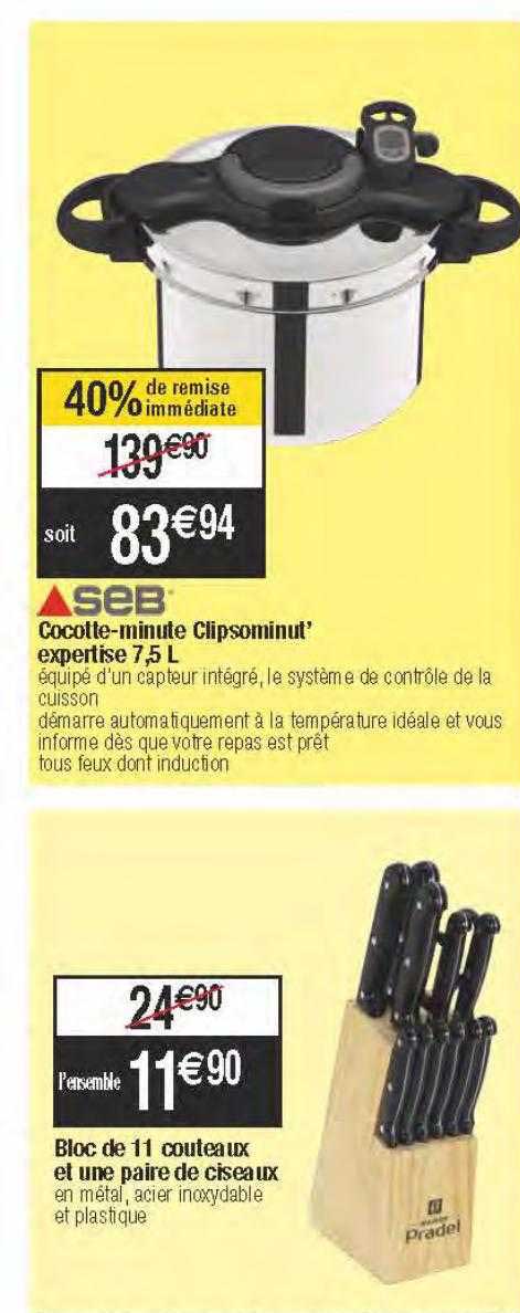 cocotte-minute clipsominut' expertise 7,5l seb, bloc de 11 couteaux et une paire de ciseaux