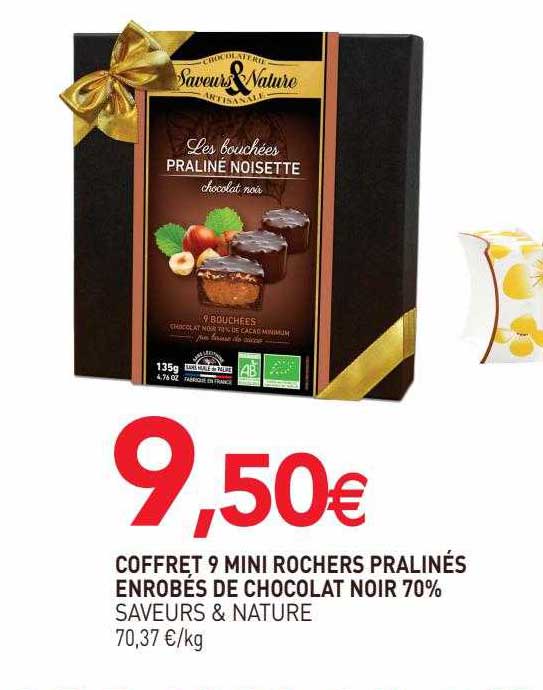 coffret 9 mini rochers pralinés enrobés de chocolat noir 70% saveurs & nature