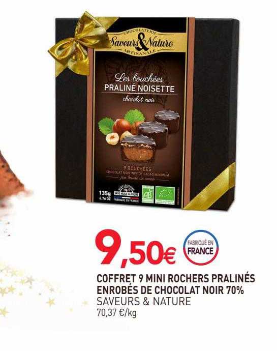 coffret 9 mini rochers pralinés enrobés de chocolat noir 70% saveurs & nature