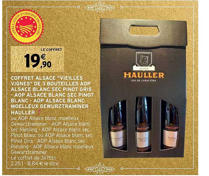 coffret alsace "vieilles vignes" de 3 bouteilles aop alsace blanc sec pinot gris - aop alsace blanc sec pinot blanc - aop alsace blanc moelleux gewurztraminer hauller