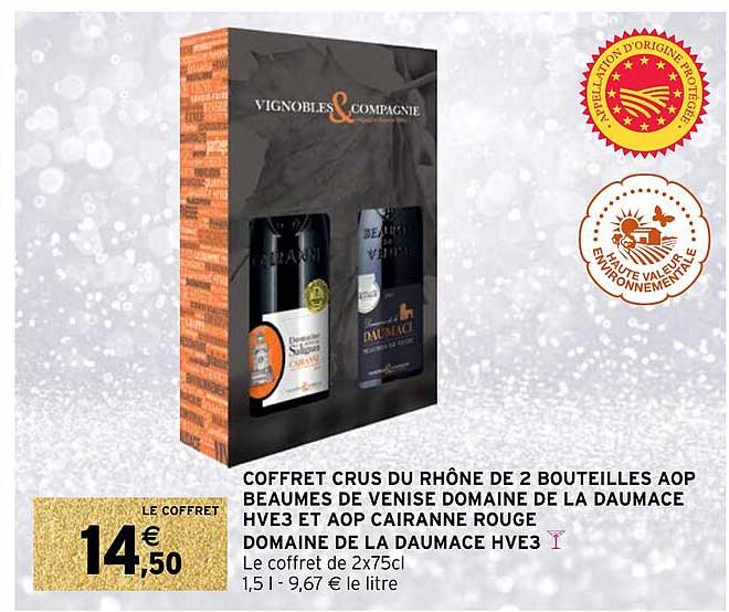 coffret crus du rhône de 2 bouteilles aop beaumes de venise domaine de la daumace hve3 et aop cairanne rouge domaine de la daumace hve3