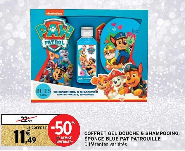 coffret gel douche & shampooing, éponge blue pat patrouille