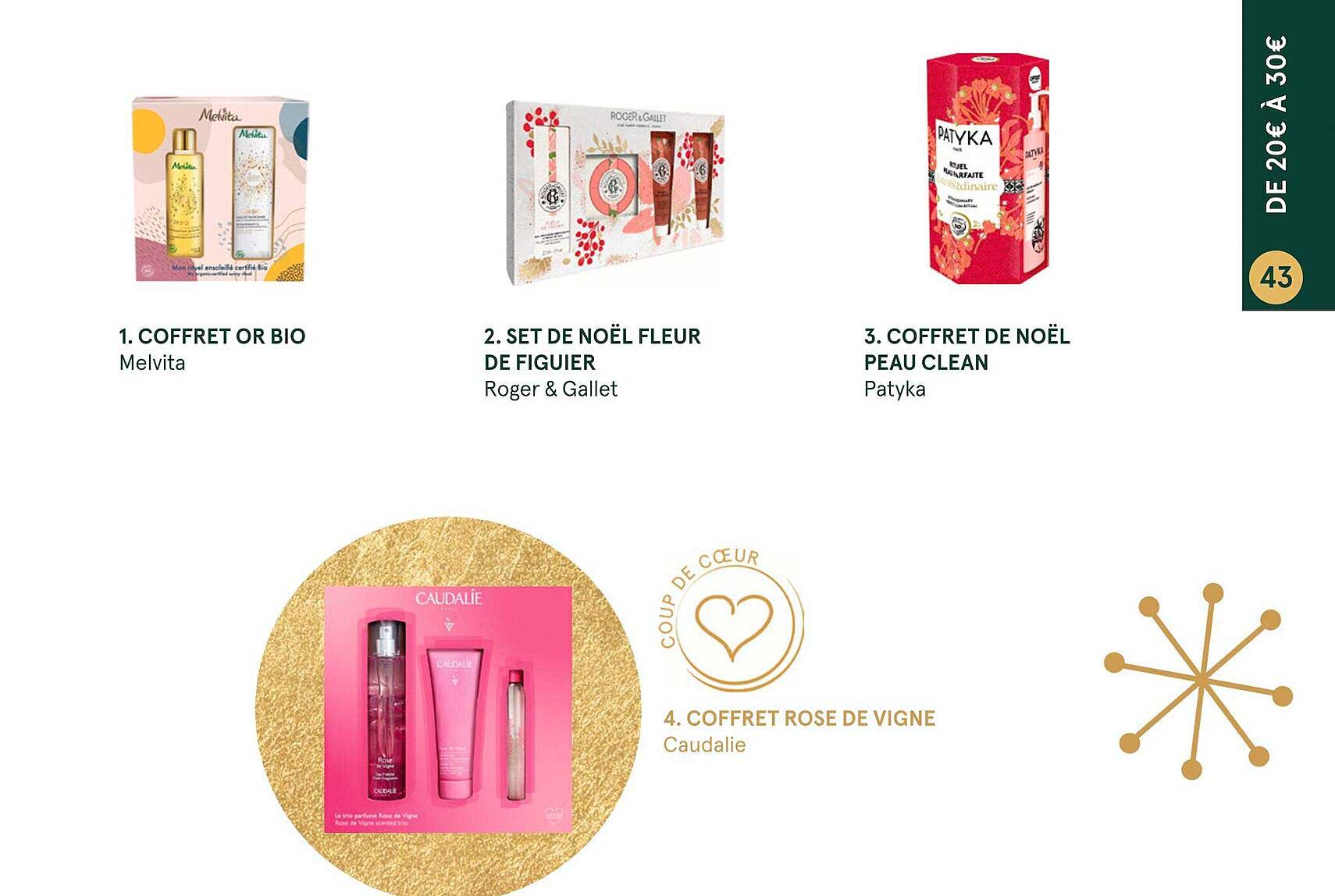 coffret or bio melvita, set de noël fleur de figuier roger & gallet, coffret de noël peau clean patyka, coffret rose de vigne caudalie