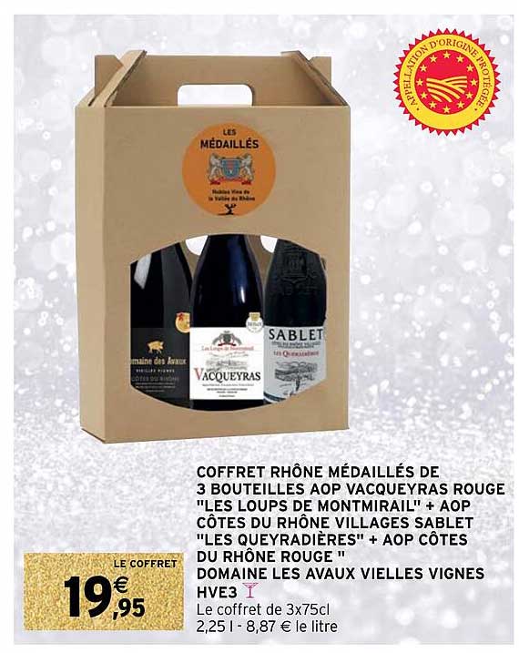 coffret rhône médaillés de 3 bouteilles aop vacqueyras rouge "les loups de montmirail" + aop côtes du rhône villages sablet "les queyradières" + aop côtes du rhône rouge domaine les avaux
