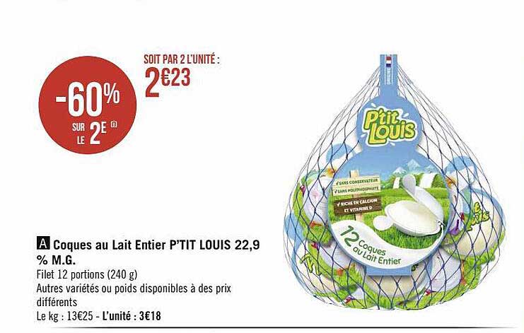 coques au lait entier p'tit louis 22,9% m.g.
