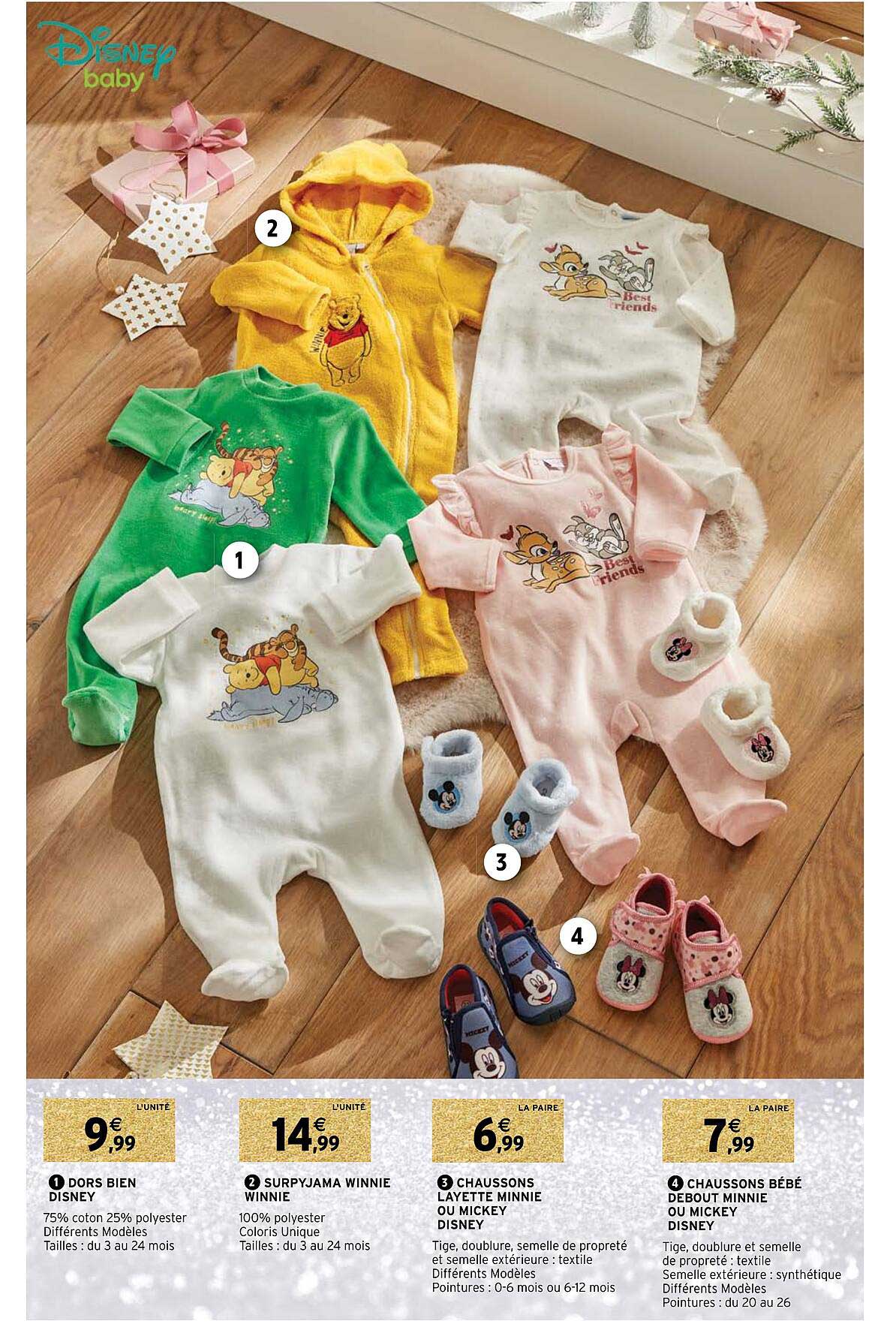 Dors Bien Disney, Surpyjama Winnie Winnie, Chaussons Layette Minnie Ou Mickey Disney, Chaussons Bébé Debout Minnie Ou Mickey Disney