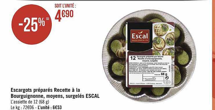 escargots préparés recette à la bourguignonne, moyens, surgelés escal