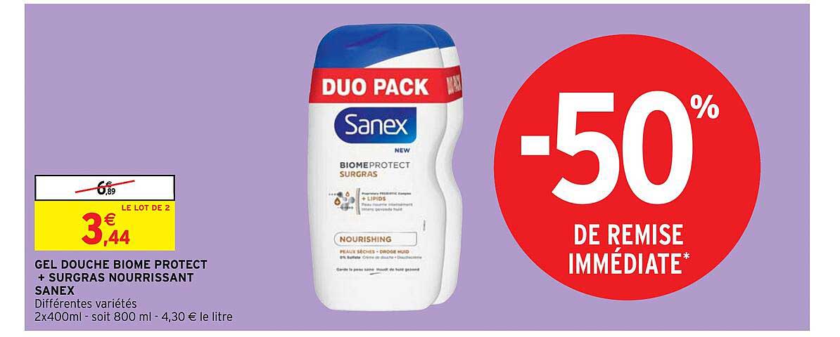 gel douche biome protect + surgras nourrissant sanex