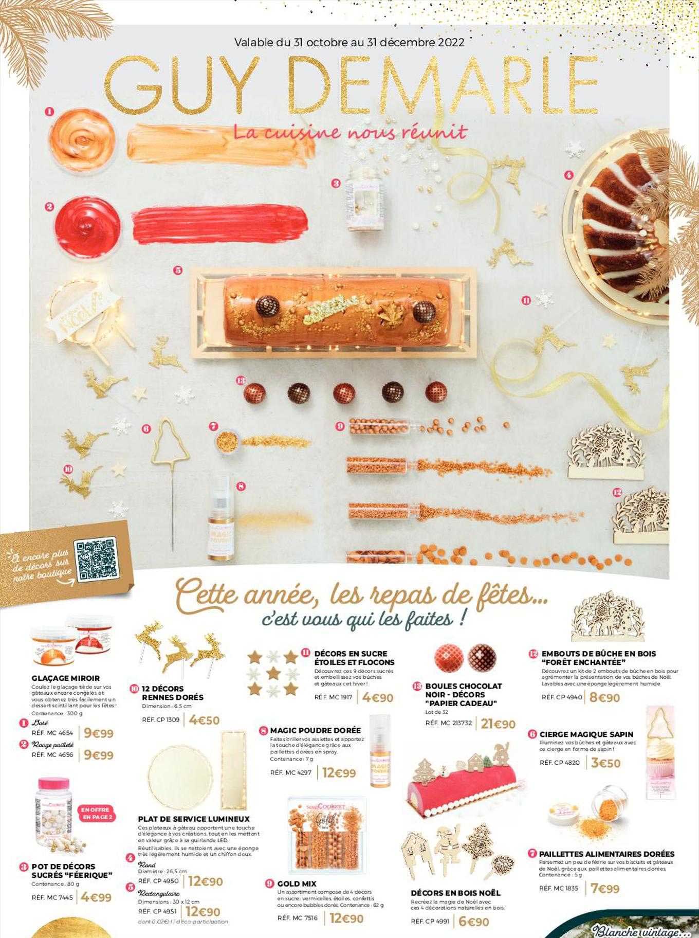 glaçage miroir, 12 décors rennes dorés, décors en sucre étoiles et flocons, magic poudre dorée, boules chocolat noir - décors "papier cadeau", embouts de bûche en bois "forêt enchantée", cierge magic