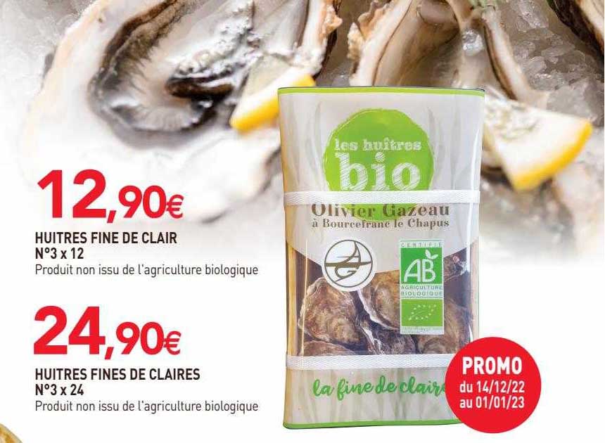 huîtres fine de clair n°3 x 12, huîtres fines de claires n°3 x 24