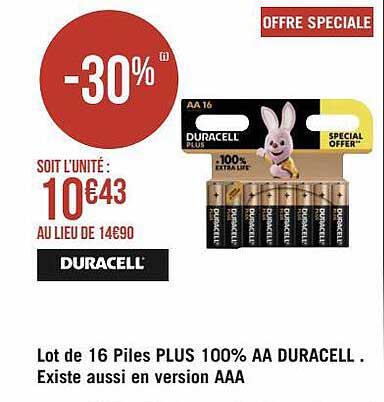 Lot De 16 Piles Plus 100% AA  Duracell