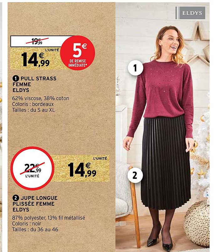 pull strass femme eldys, jupe longue plissée femme eldys