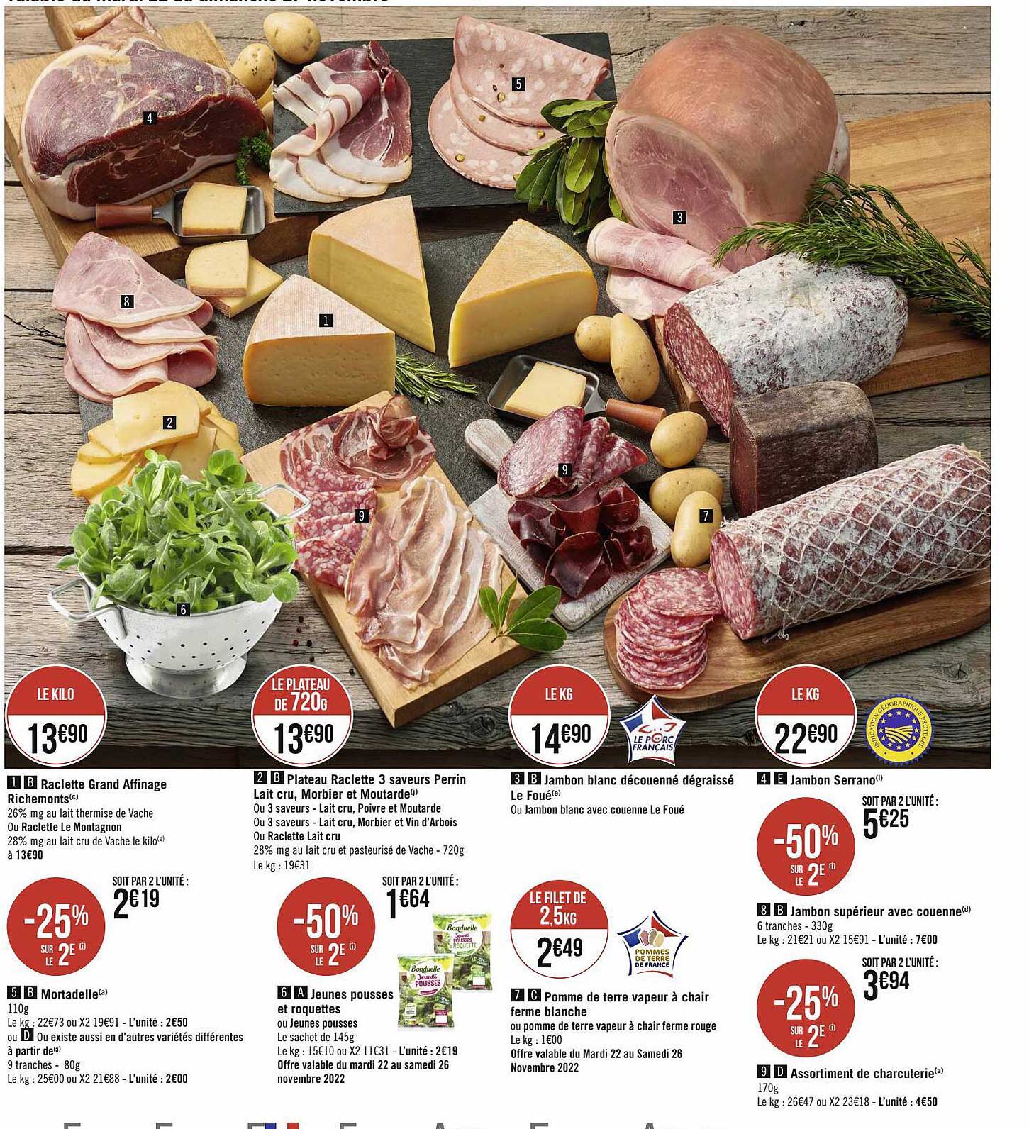 raclette grand affinage richesMonts, plateau raclette 3 saveurs perrin lait cru, morbier et moutarde, jambon le foué, jambon serrano, mortadelle, jeunes pousses et roquettes, pomme de terre vapeur