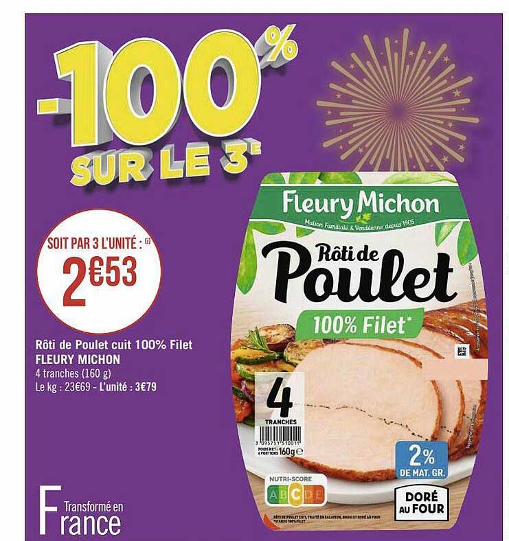rôti de poulet cuit 100% filet fleury michon