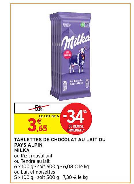 Tablettes De Chocolat Au Lait Du Pays Alpin Milka