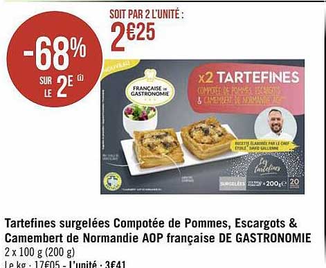 tartefines surgelées compotée de pommes, escargots & camembert de normandie aop française de gastronomie