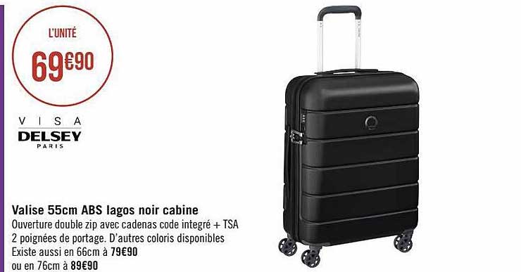 valise 55 cm abs lagos noir cabine visa delsey paris