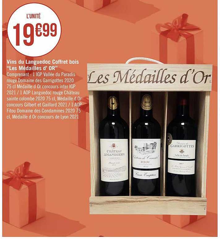 vins du languedoc coffret bois "les médailles d'or"