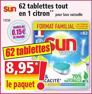 62 tablettes tout en 1 citron pour lave vaisselle sun