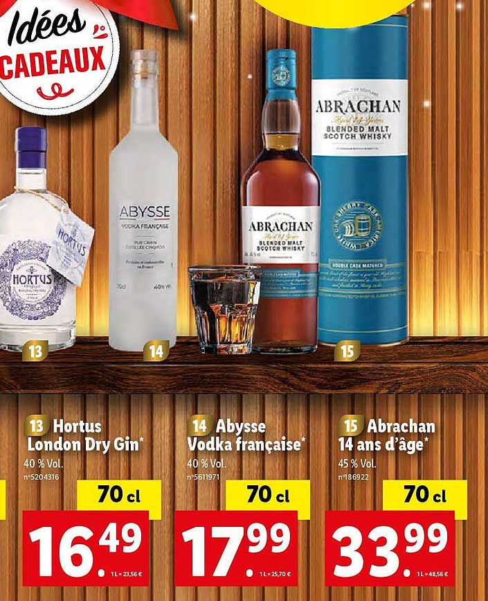 hortus london dry gin, abysse vodka française, abrachan 14 ans d'âge