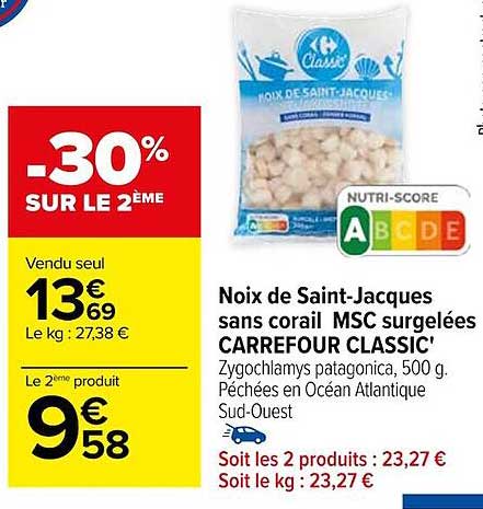 noix de saint-jacques sans corail msc surgelées carrefour classic'