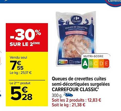Queues De Crevettes Cuites Semi-décortiquées Surgelées Carrefour Classic'