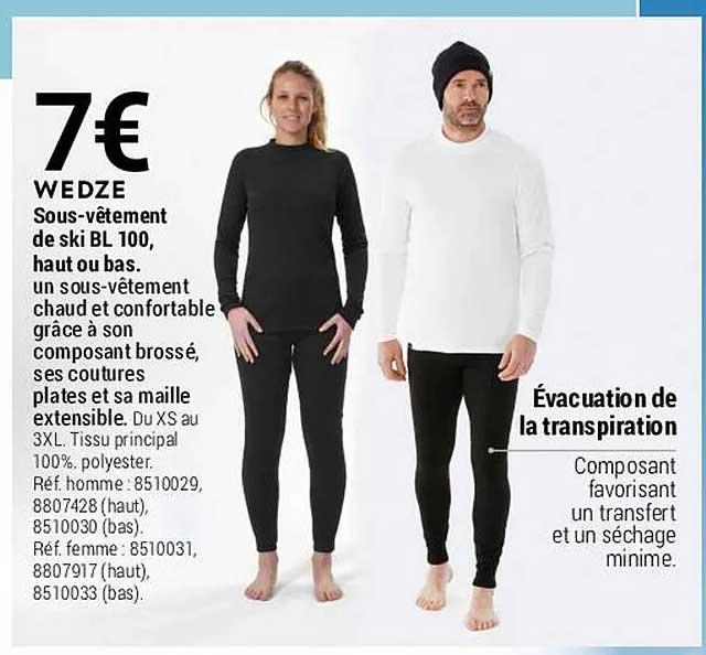 sous-vêtement de ski bl 100, haut ou bas wedze