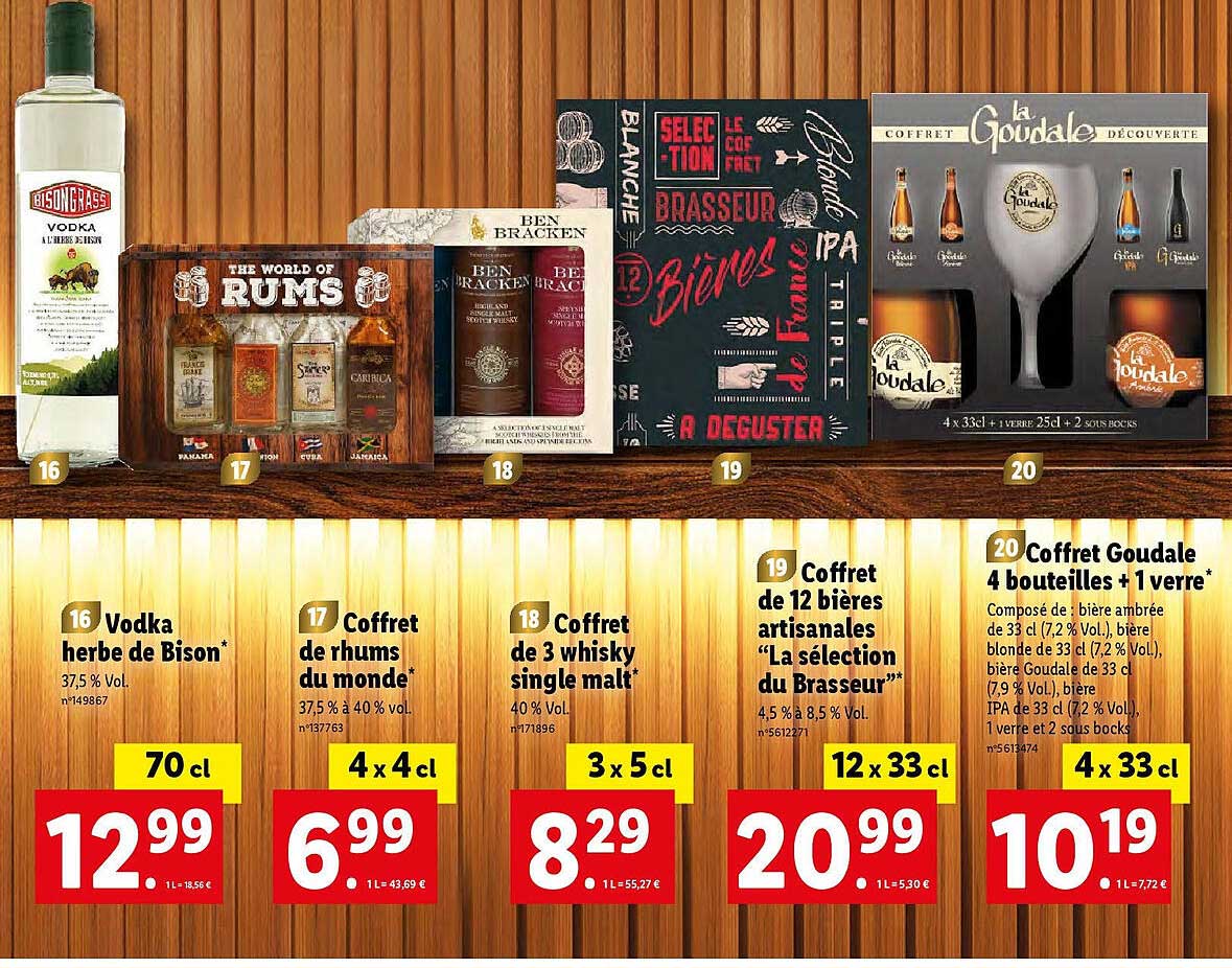 vodka herbe de bison, coffret de rhums du monde, coffret de 3 whisky single malt, coffret de 12 bières artisanales "la sélection du brasseur", coffret goudale 4 bouteilles + 1 verre