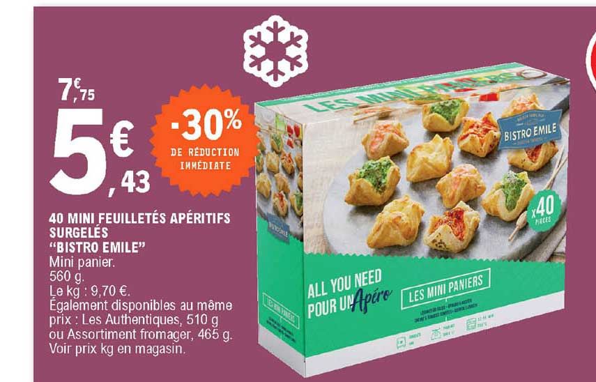 40 mini feuiletés apéritifs surgelés bistro emile mini panier -30% de reduction immédiate