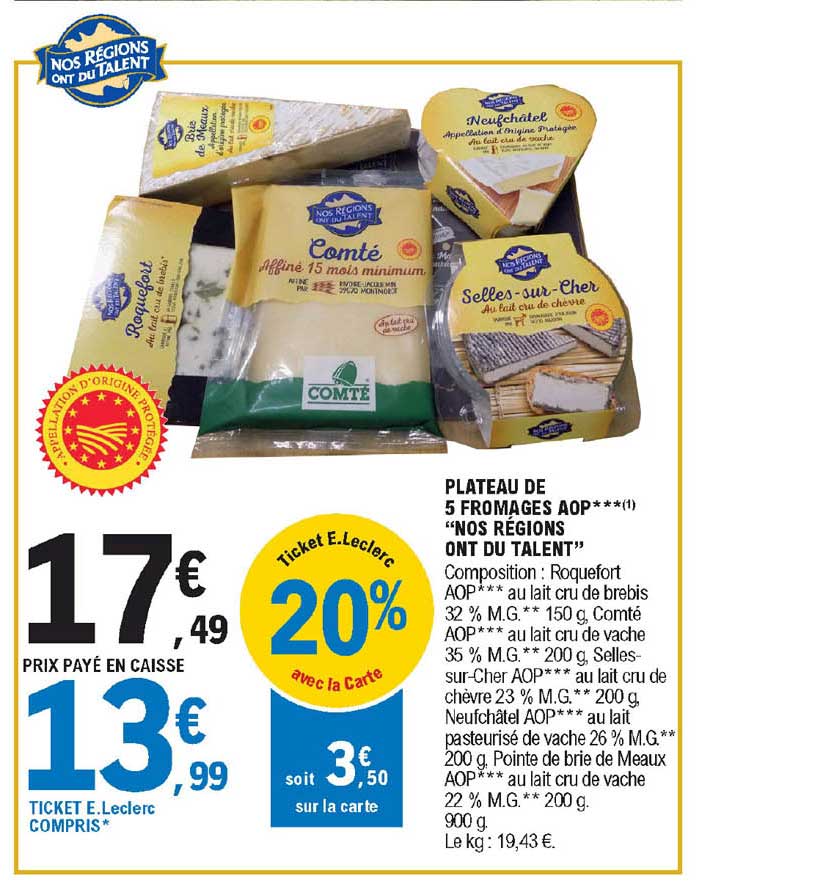 plateau de 5 fromages aop "nos régions ont du talent"