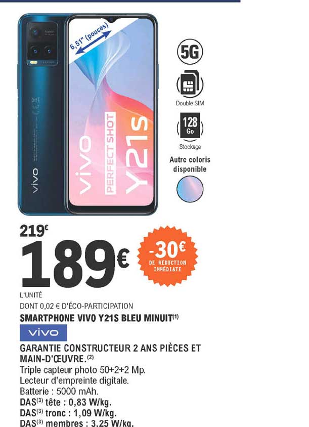 smartphone vivo y21s bleu minuit vivo