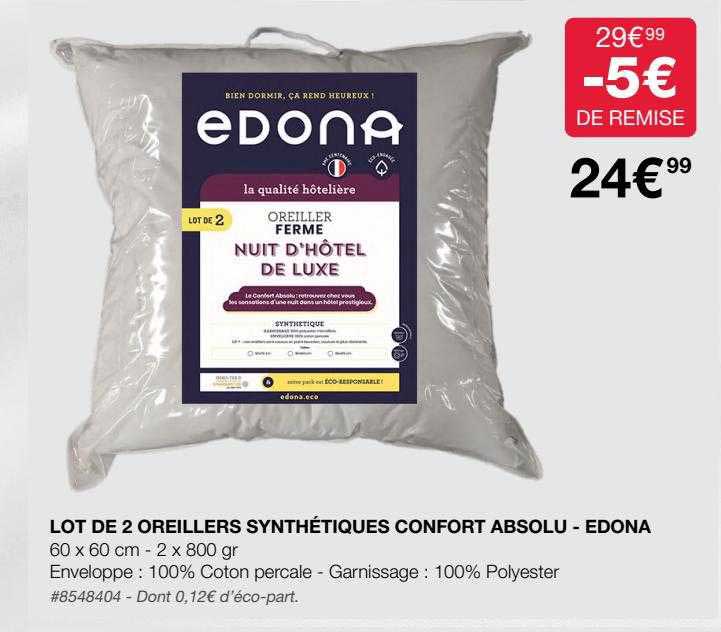 lot de 2 oreillers synthétiques confort absolu - edona