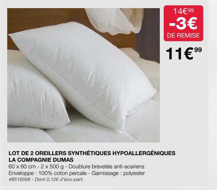 lot de 2 oreillers synthétiques hypoallergéniques la compagnie dumas