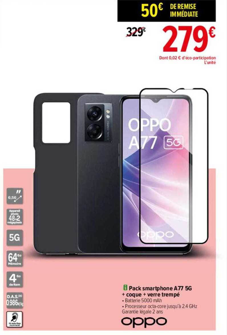 pack smartphone a77 5g + coque + verre trempé oppo
