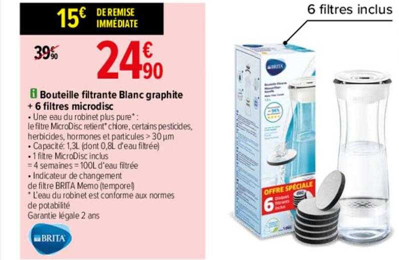 Bouteille Filtrante Blanc Graphite + 6 Filtres Microdisc Brita
