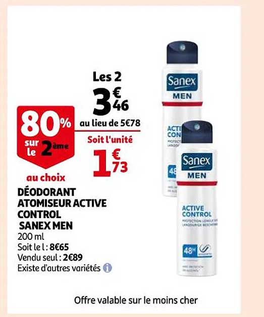 déodorant atomiseur active control sanex men 80% sur le 2ème