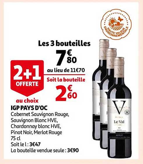igp pays d'oc cabernet sauvignon rouge sauvignon blanc hve chardonnay blanc hve pinot noir merlot rouge 2+1 offert
